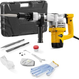 VEVOR Martillo Neumático de Demolición, 1400 W, 2900 BPM, Martillo Rompedor de Hormigón, con 1 Cincel de Punta, 1 Cincel Plano, Estuche, Guantes y Gafas Protectoras, 500 x 120 x 340 mm, Amarillo