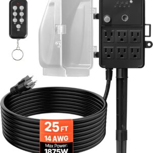 VEVOR - Regleta de enchufes para Exteriores, Cable de extensión de 7,6 m, Resistente a la Intemperie con Cubierta, Temporizador de luz de Amanecer a anochecer con Control Remoto, 6 Tomas de Corriente