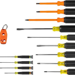 Klein Tools 85814 Juego de destornilladores de 14 piezas, 4 precisiones, 5 controladores estándar con asas codificadas por colores, 3 destornilladores aislados, 1 destornillador de demolición e