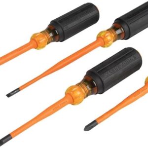 Klein Tools 33734INS - Juego de destornilladores aislados de punta delgada de 1000 V, fabricado en Estados Unidos, Phillips, gabinete, punta delgada cuadrada, mango de agarre de cojín, 4 piezas