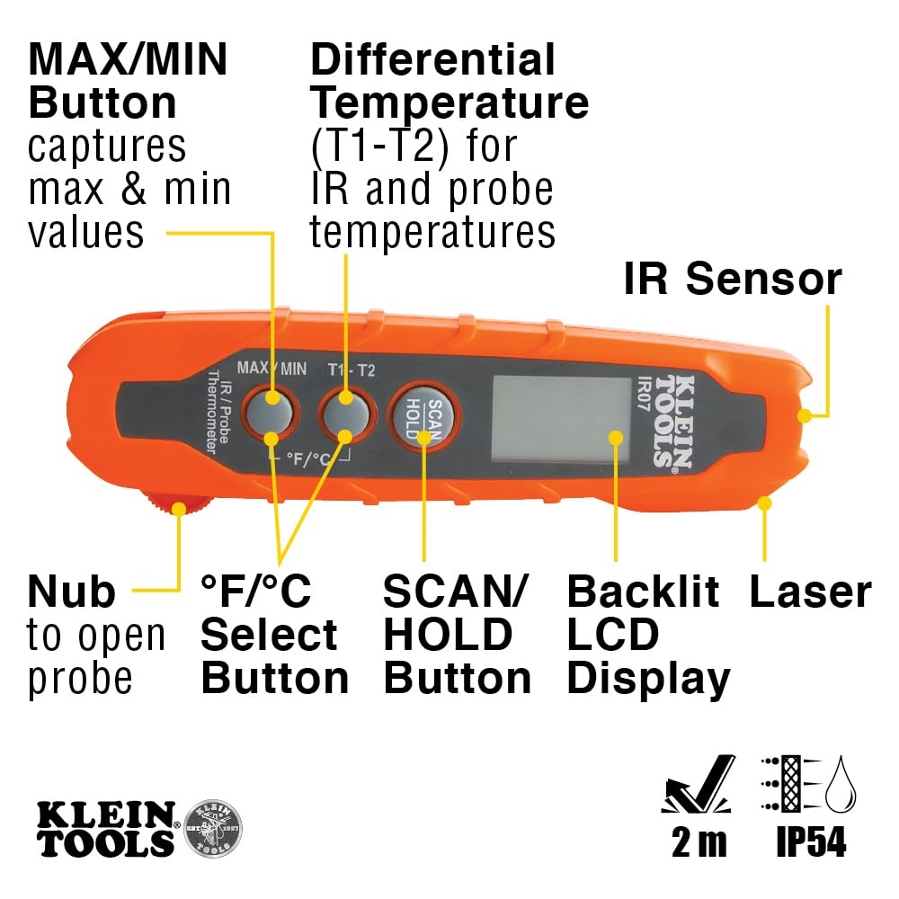 Klein Tools IR07 Termómetro digital LCD de tamaño de bolsillo para sonda y infrarrojo doble (IR) 5 Klein Tools IR07 Termómetro digital LCD de tamaño de bolsillo para sonda y infrarrojo doble (IR) – Vista 5