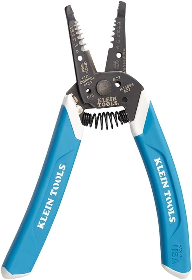 Klein Tools K11095 Klein-Kurve - Pelacables y cortador, para cable trenzado sólido de 8-18 AWG y 10-20 AWG, azul/blanco 1 Klein Tools K11095 Klein-Kurve - Pelacables y cortador, para cable trenzado sólido de 8-18 AWG y 10-20 AWG, azul/blanco