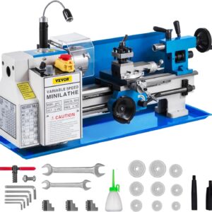 VEVOR Torno de Metal, Minitorno Metal de Sobremesa de Precisión 550 W, Velocidad de 50 a 2500 RPM con Engranaje de Nailon y Lámpara Móvil para Procesamiento de Piezas de Precisión, 70 x 21,7 x 30 cm