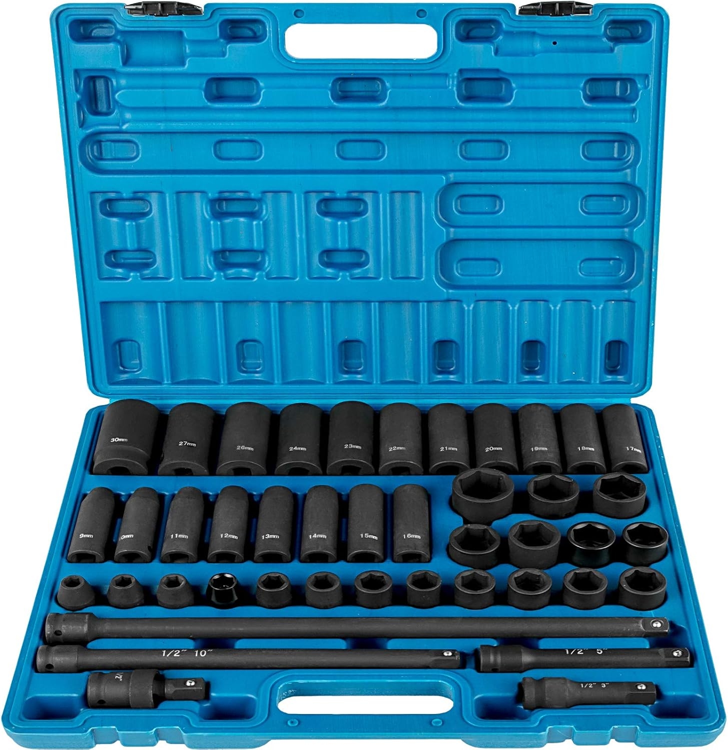 VEVOR Juego de cubos de impacto de 1/2 pulgada, 43 piezas, surtido de enchufes estándar, juego de llaves de 1/2 pulgada, cubos de 6 puntos métricos de 9 a 30 mm (estándar/profundo) 1 VEVOR Juego de cubos de impacto de 1/2 pulgada, 43 piezas, surtido de enchufes estándar, juego de llaves de 1/2 pulgada, cubos de 6 puntos métricos de 9 a 30 mm (estándar/profundo)
