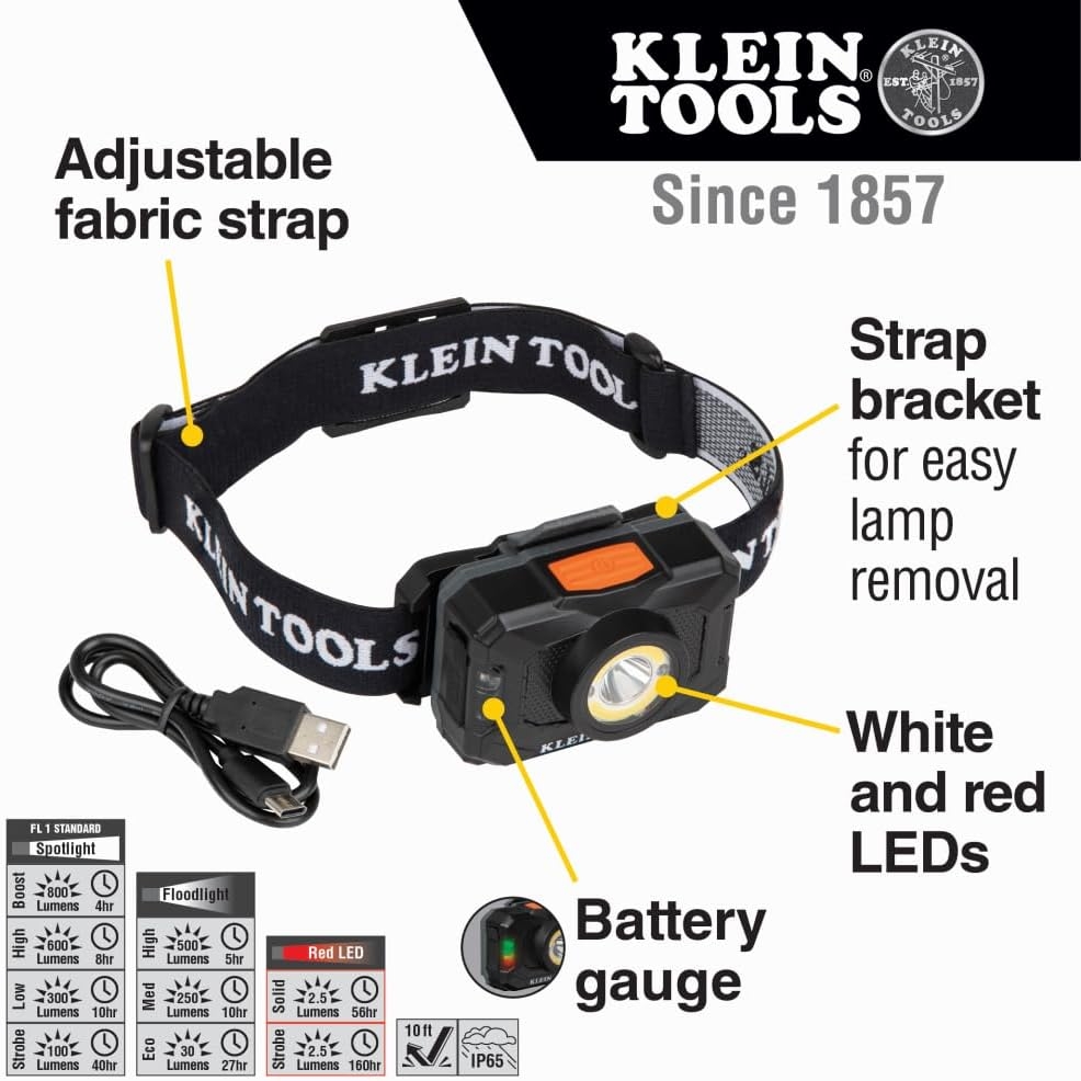 Klein Tools 56414 Rechargeable 2-Color LED Headlamp, Fabric Strap, Spotlight, Floodlight, Red LED, 800 Lumens, USB Cable, Camping, Running 2 Klein Tools 56414 Rechargeable 2-Color LED Headlamp, Fabric Strap, Spotlight, Floodlight, Red LED, 800 Lumens, USB Cable, Camping, Running – Vista 2
