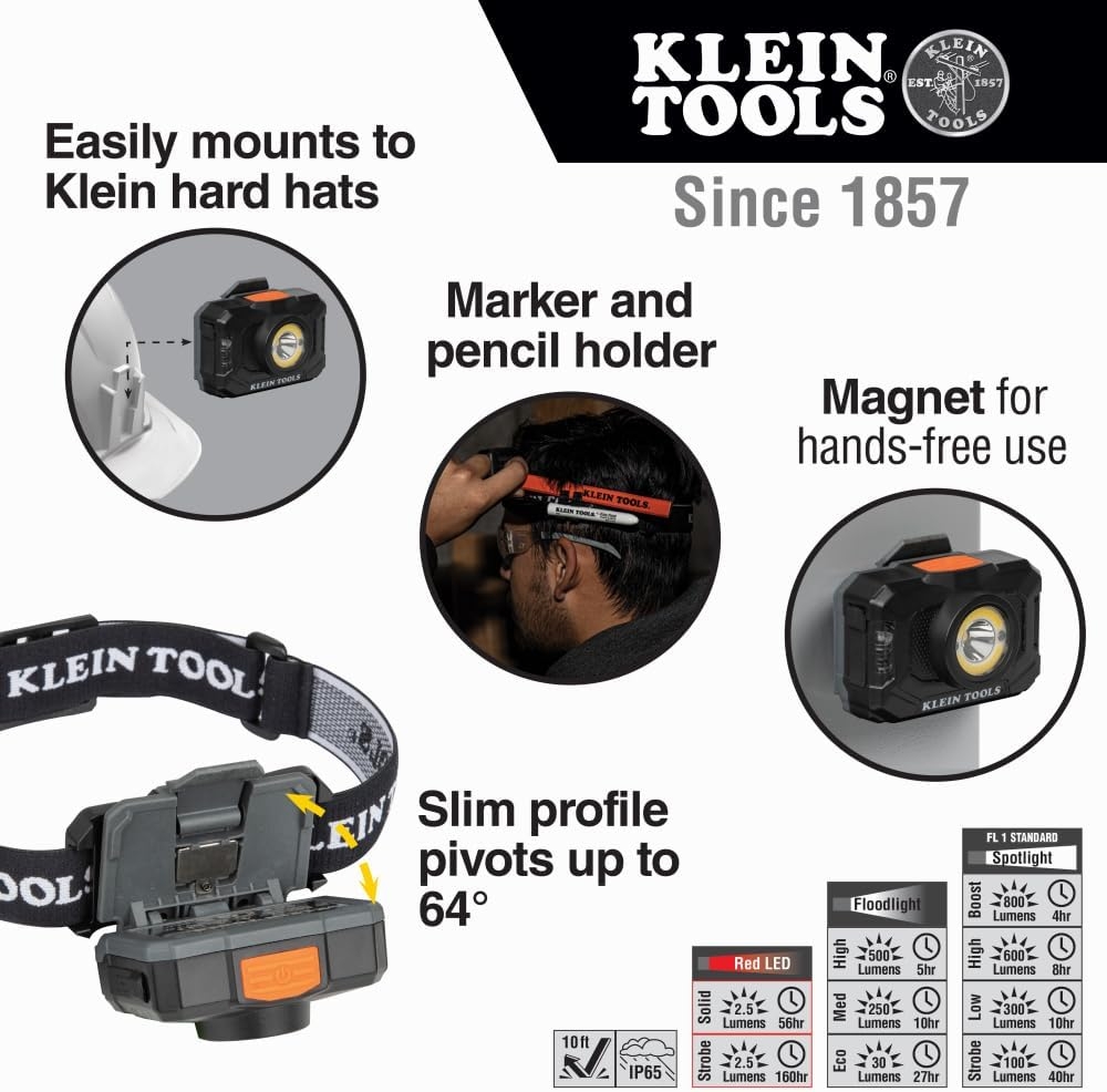 Klein Tools 56414 Rechargeable 2-Color LED Headlamp, Fabric Strap, Spotlight, Floodlight, Red LED, 800 Lumens, USB Cable, Camping, Running 3 Klein Tools 56414 Rechargeable 2-Color LED Headlamp, Fabric Strap, Spotlight, Floodlight, Red LED, 800 Lumens, USB Cable, Camping, Running – Vista 3