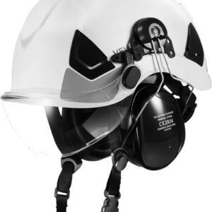 VEVOR Casco de Seguridad, Aprobado por ANSI/ISEA Z89.1, Ajustable y Ventilado de ABS con Visera, Orejeras y Suspensión de Trinquete de 6 Puntos, Clase C, para Construcción Industrial, Blanco