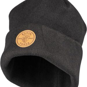 Klein Tools 60569 - Sombrero de Punto Pesado con puño Ancho, Color Negro, Talla única, Logotipo de Piel