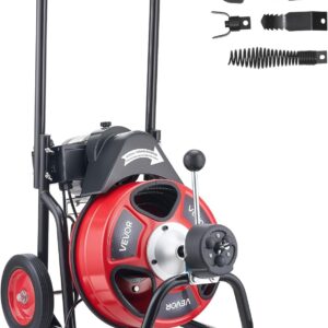 VEVOR Desatascador de Desagües Eléctrico Cable de 30 m de Longitud y 13 mm de Diámetro, Máquina de Limpieza de Tuberías con Alimentación Automática, Limpiador para Tubos de Drenaje de 5-10 cm